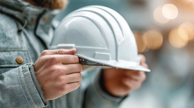 Safety helmet buckling action construction site closeup image industrial environment focused viewpoint personal safety concept