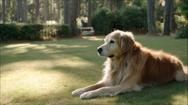 Peaceful golden retriever resting on grassy meadow in sunlight with shadowed background and ample copy space - Powered by Adobe