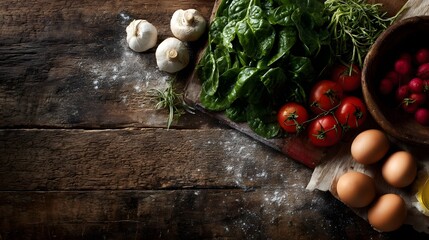 Fresh ingredients including spinach tomatoes garlic radishes and eggs are artfully arranged on a rustic wooden table dusted with flour
