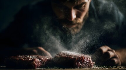 A man with a beard seasons raw steaks with salt in a moody dimly lit setting preparing for cooking