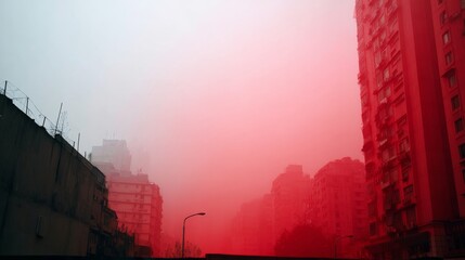 Desolate futuristic cityscape shrouded in thick crimson fog with towering crumbling skyscrapers under a moody, ominous sky from an elevated angle