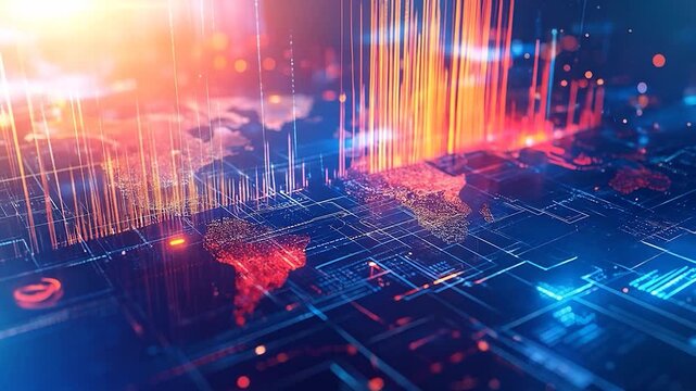 Abstract digital world map with vibrant glowing data streams, circuit lines, and light beams on a dark background - Powered by Adobe