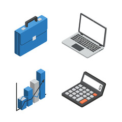 Isometric business objects including briefcase laptop calculator and bar chart.