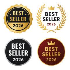 Best Seller 2026 Badge Vector Set: Gold, Crown, Silver & Red Labels for Product Promotion