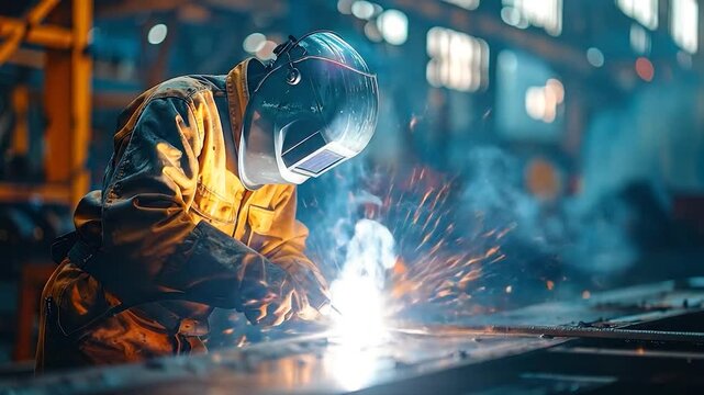 Person in welding mask and protective suit creating bright sparks while joining metal in an industrial setting