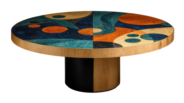 Round coffee table with vibrant inlaid design