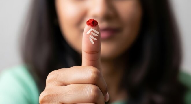 A smiling woman shows her thumb marked with red powder and rice grains, a traditional symbol of festival celebration.