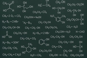 Organic chemistry formulas written on chalkboard with dark background, illustrating scientific education and molecular structure concept. Ai generative