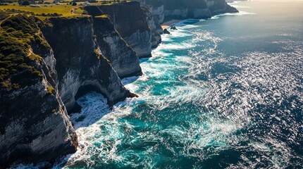 Powerful ocean waves crashing against the rocky coastline beneath a wide sky