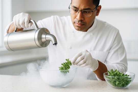 Scientist chef using liquid nitrogen to freeze herbs in glass bowl on light background in a modern lab kitchen for science and culinary experiment. Ai generative