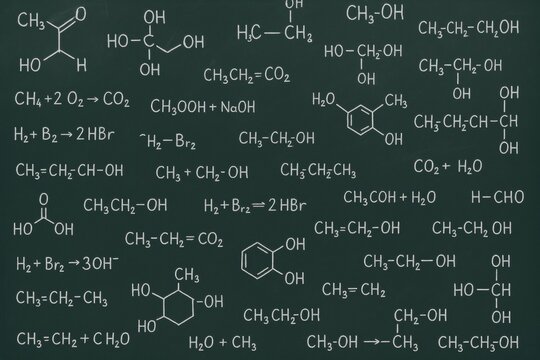 Organic chemistry formulas written on chalkboard with dark background, illustrating scientific education and molecular structure concept. Ai generative - Powered by Adobe