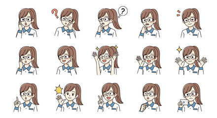 眼鏡をかけた働くオシャレな若い女性の表情イラストセット