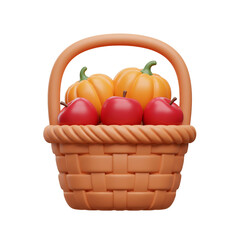 A 3D rendered basket overflowing with vibrant red apples and orange pumpkins.