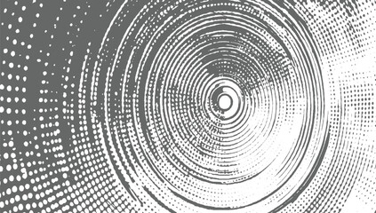 Abstract grey and white concentric circles with a dot pattern texture.
