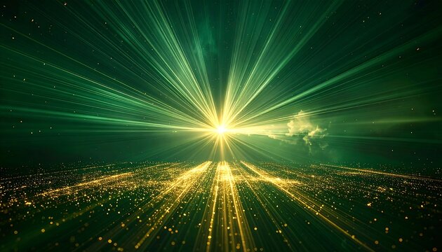 Abstract green and gold light burst from horizon, atmospheric