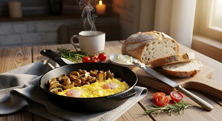 Rustic breakfast with scrambled eggs and sauteed mushrooms, fresh bread, butter knife, cozy wooden table