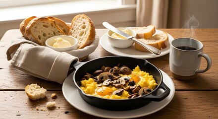 Rustic breakfast with scrambled eggs and sauteed mushrooms, fresh bread, butter knife, cozy wooden table