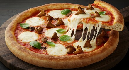 Pizza topped with wild mushrooms, melted mozzarella, fresh basil, golden crust, overhead shot, styled for Italian restaurant menu