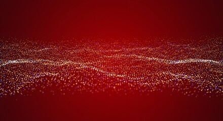 Abstract digital wave of dots in gold and blue, set against a rich red gradient background