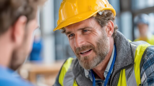 First aid responder assisting plant worker in safe environment industrial site professional interaction calm atmosphere