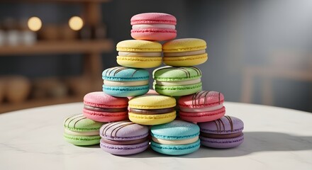 Assorted macarons in vivid colors arranged in a pyramid stack, commercial food photography style, bakery and dessert promotion and packaging mockup