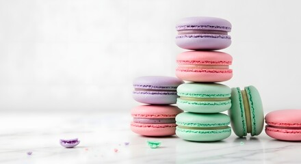 Tall stack of colorful macarons, minimalist studio background, dessert promotion or food packaging concept