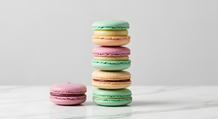 Tall stack of colorful macarons, minimalist studio background, dessert promotion or food packaging concept