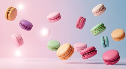 Colorful macarons floating mid-air against pastel background, whimsical surreal advertising look, perfect for commercial use and product showcase