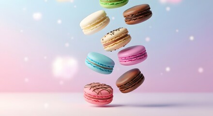 Colorful macarons floating mid-air against pastel background, whimsical surreal advertising look, perfect for commercial use and product showcase