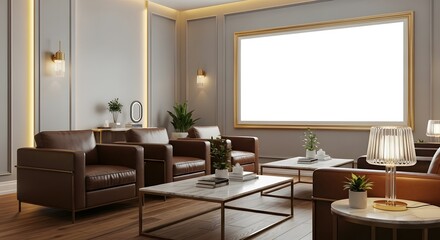 Luxurious modern living room interior with comfortable leather armchairs and elegant marble coffee tables
