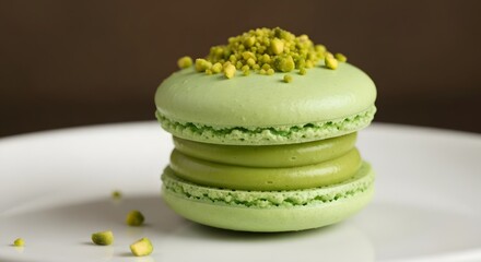 Pistachio macaron with crushed pistachio garnish on top, artisan pastry photography and premium luxury concept
