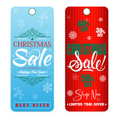 Bright festive Christmas sale tags with red and blue backgrounds, snowflakes, and elegant typography. Holiday discount labels featuring text such as Best Offer, Limited Time Offer, and Happy New Year.