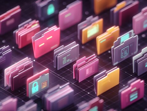 Isometric 3D folder icons representing multi layered digital security and data organization with a glossy finish