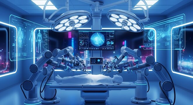 Robotic Surgery Operating Room Futuristic Medical Technology with Automated Arms and Digital Displays