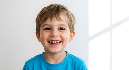 Portrait of a cheerful child smiling brightly, natural light studio background, lifestyle advertising photography