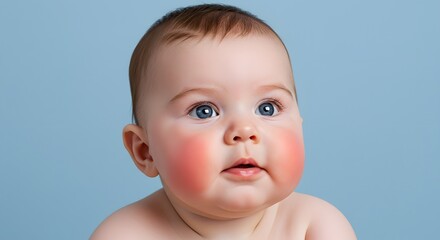 Portrait of a baby showing a curious expression, chubby cheeks glowing, clean minimalist background in pastel blue