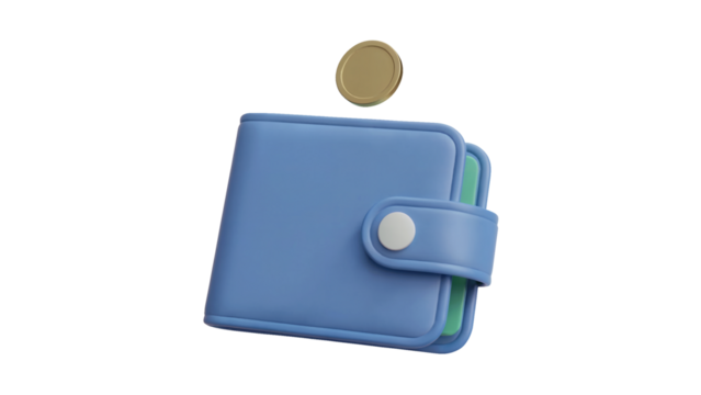 Secure your finances with this modern blue wallet and coin, a symbol of wealth and smart money management, perfect for investment and personal finance themes isolated on white or transparent png.