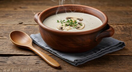 Mushroom soup in rustic ceramic bowl with herbs on top, wooden spoon, cozy cafe style, editorial food photography
By digitalbysher