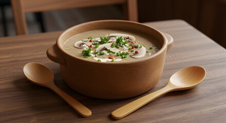 Mushroom soup in rustic ceramic bowl with herbs on top, wooden spoon, cozy cafe style, editorial food photography
By digitalbysher