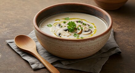 Mushroom soup in rustic ceramic bowl with herbs on top, wooden spoon, cozy cafe style, editorial food photography
By digitalbysher