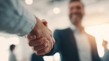 Business interview handshake between client and man finalizing contract in modern office environment with professional viewpoint