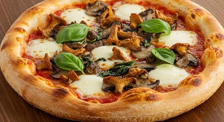 Pizza topped with wild mushrooms, melted mozzarella, fresh basil, golden crust, overhead shot, styled for Italian restaurant menu