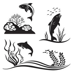 Obraz premium Vector art of four black and white vector illustrations include fish