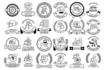 A collection of badges with various designs and colors