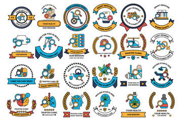 A collection of badges with various designs and colors