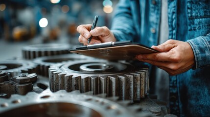 Mechanical engineer observing standards industrial workshop note-taking on tablet professional environment close-up view engineering concept