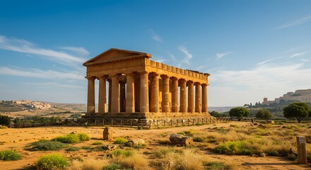 Fototapeta premium Ancient Greek temple with columns on a sunny day. Distant town, open landscape, dramatic sky