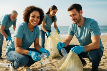 Group of diverse volunteers cleaning plastic waste from sandy beach on a sunny day wearing gloves and blue shirts with ocean in background. Ai generative