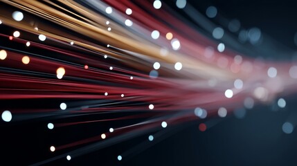 Dynamic flow of vibrant digital particles in gold and crimson shades over dark background with space for text, futuristic techinspired atmosphere