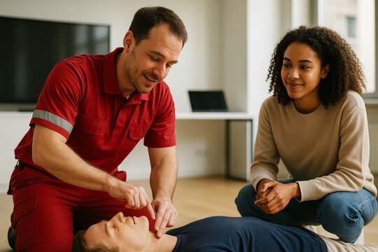 First aid instructor demonstrating CPR technique on a training mannequin as a young woman observes attentively in a bright indoor setting. Ai generative - Powered by Adobe